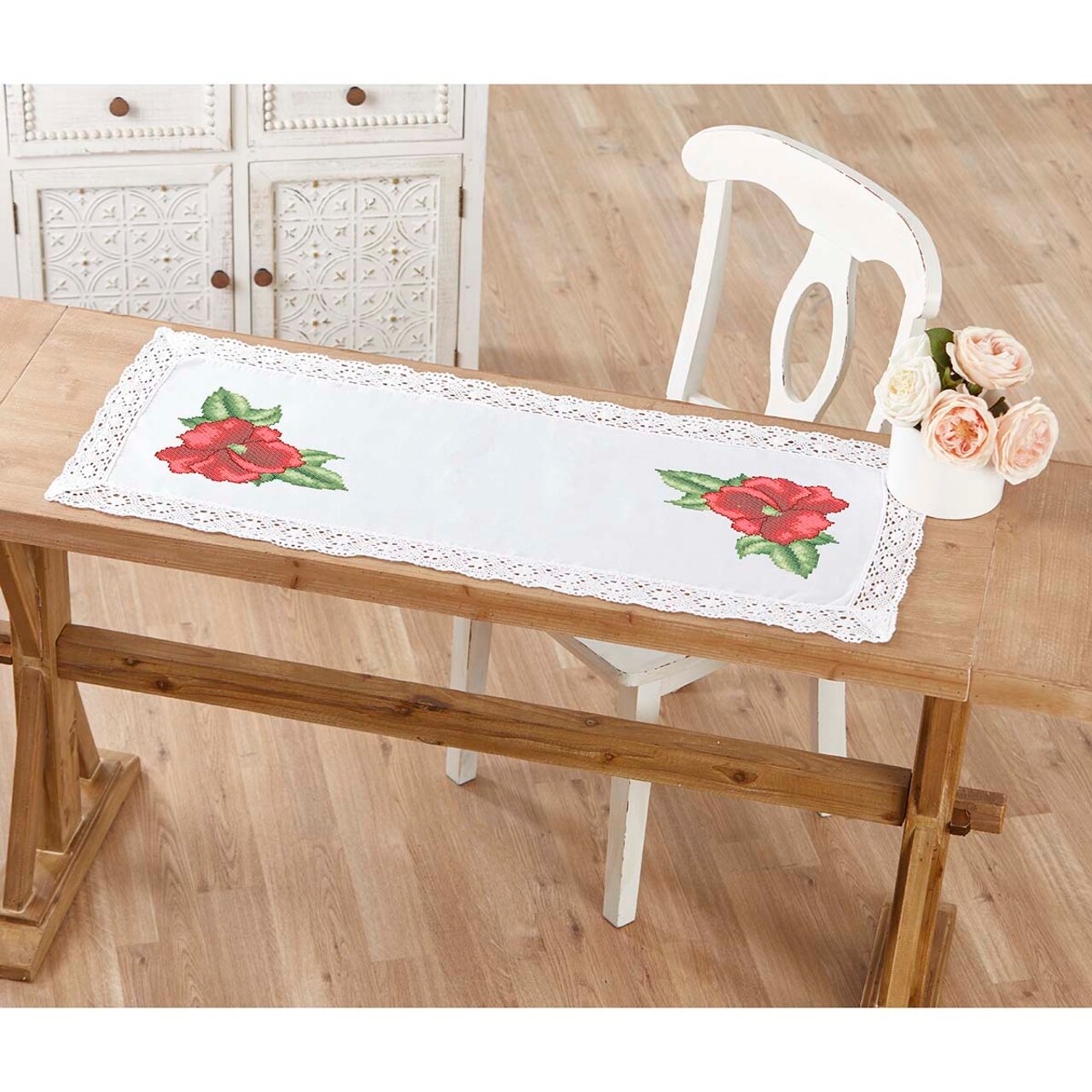 Herrschners Poppy Petals Table Runner Stamped Cross-Stitch Kit